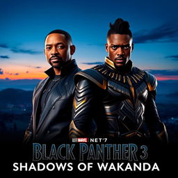 A captivating teaser image for 'Black Panther 3: Shadows of Wakanda (2025)' featuring Will Smith and Michael B