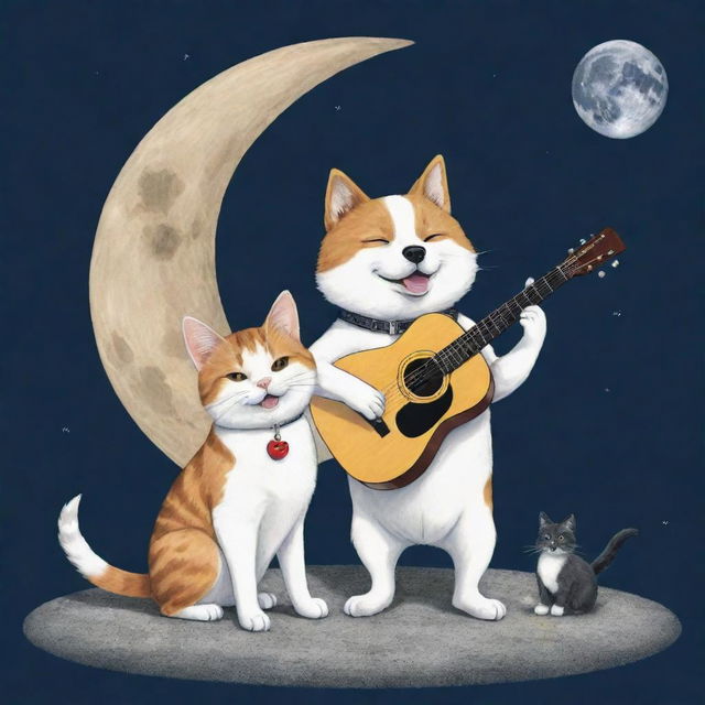 A Manga-style illustration of a dog and a cat on the moon. The dog strums a guitar, and the cat plays with an iPhone.