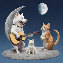 A Manga-style illustration of a dog and a cat on the moon. The dog strums a guitar, and the cat plays with an iPhone.