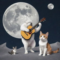 A Manga-style illustration of a dog and a cat on the moon. The dog strums a guitar, and the cat plays with an iPhone.