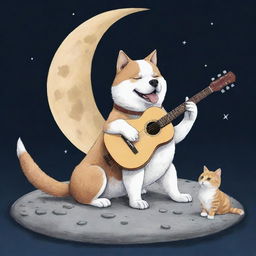 A Manga-style illustration of a dog and a cat on the moon. The dog strums a guitar, and the cat plays with an iPhone.