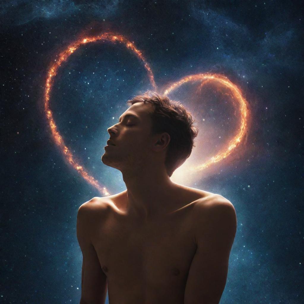 A surreal representation of 'The Power of Love' in human form, depicted as glowing entity whispering into the universe.