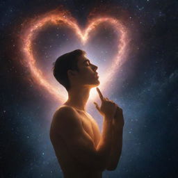 A surreal representation of 'The Power of Love' in human form, depicted as glowing entity whispering into the universe.