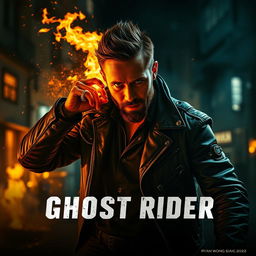 A thrilling teaser image for 'Ghost Rider (2025)' featuring Ryan Gosling as the iconic Ghost Rider, depicted in an intense and dynamic pose