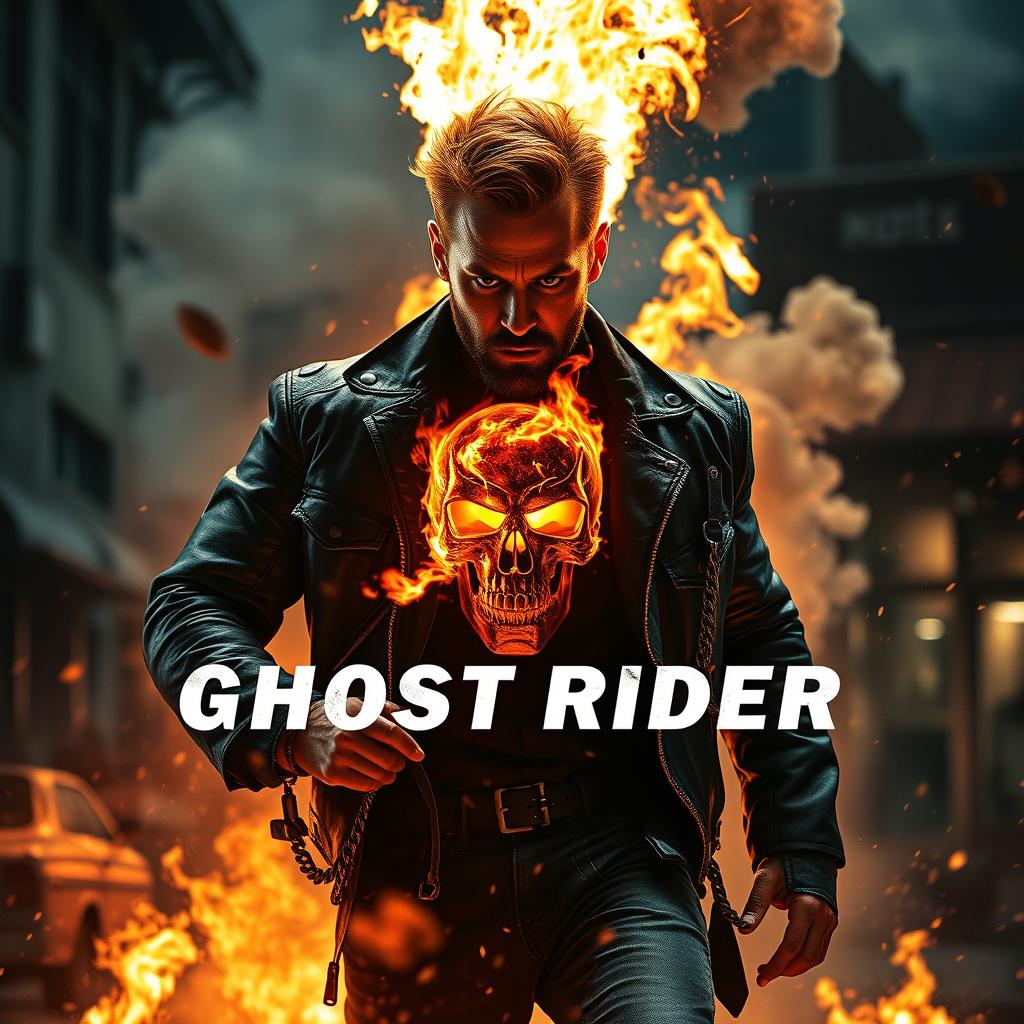 A thrilling teaser image for 'Ghost Rider (2025)' featuring Ryan Gosling as the iconic Ghost Rider, depicted in an intense and dynamic pose