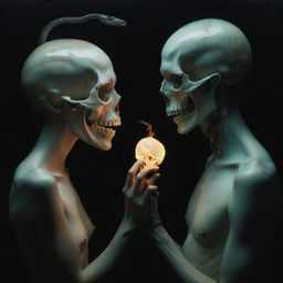 A surreal and abstract portrayal of 'The Power of Love', a glowing entity, engaging in conversation with a snake's skull.