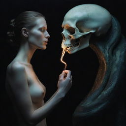 A surreal and abstract portrayal of 'The Power of Love', a glowing entity, engaging in conversation with a snake's skull.