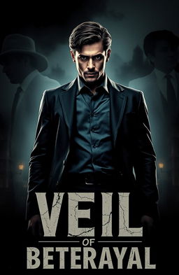 A dramatic movie poster for "Veil of Betrayal" featuring the main character Kama, who has a determined expression, standing in a shadowy, atmospheric cityscape