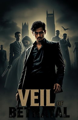 A dramatic movie poster for "Veil of Betrayal" featuring the main character Kama, who has a determined expression, standing in a shadowy, atmospheric cityscape