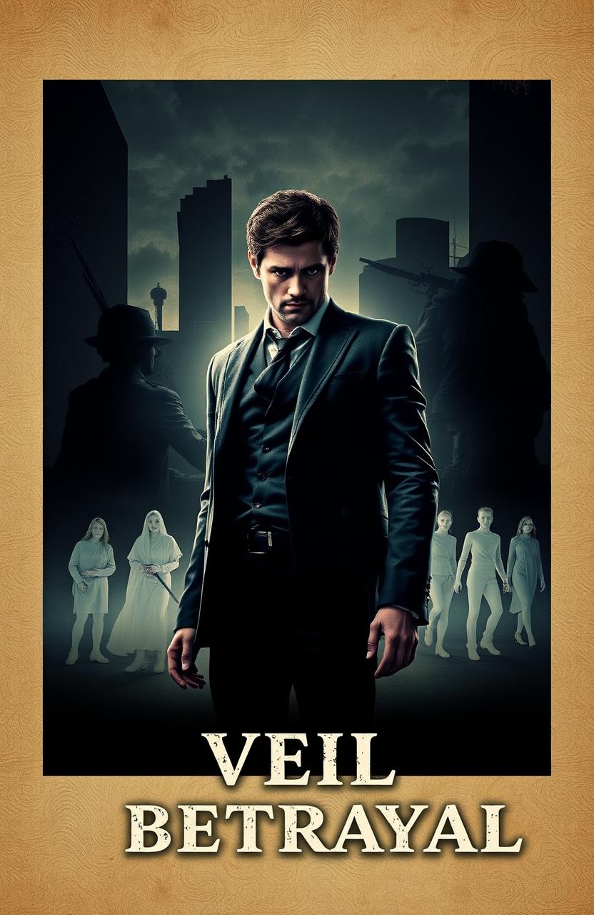 A dramatic movie poster for "Veil of Betrayal" featuring the main character Kama, who has a determined expression, standing in a shadowy, atmospheric cityscape