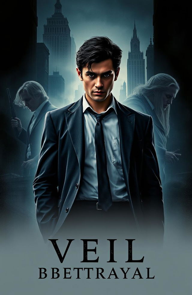 A dramatic movie poster for "Veil of Betrayal" featuring the main character Kama, who has a determined expression, standing in a shadowy, atmospheric cityscape