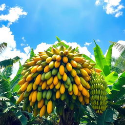 A lush tropical scene featuring an Asian papaya tree heavily laden with ripe papayas and surrounded by banana trees