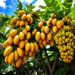 A lush tropical scene featuring an Asian papaya tree heavily laden with ripe papayas and surrounded by banana trees