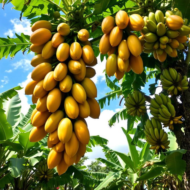 A lush tropical scene featuring an Asian papaya tree heavily laden with ripe papayas and surrounded by banana trees