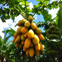 A lush tropical scene featuring an Asian papaya tree heavily laden with ripe papayas and surrounded by banana trees