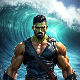 A handsome male Goliath fighter with short black hair and a goatee, featuring vibrant green skin