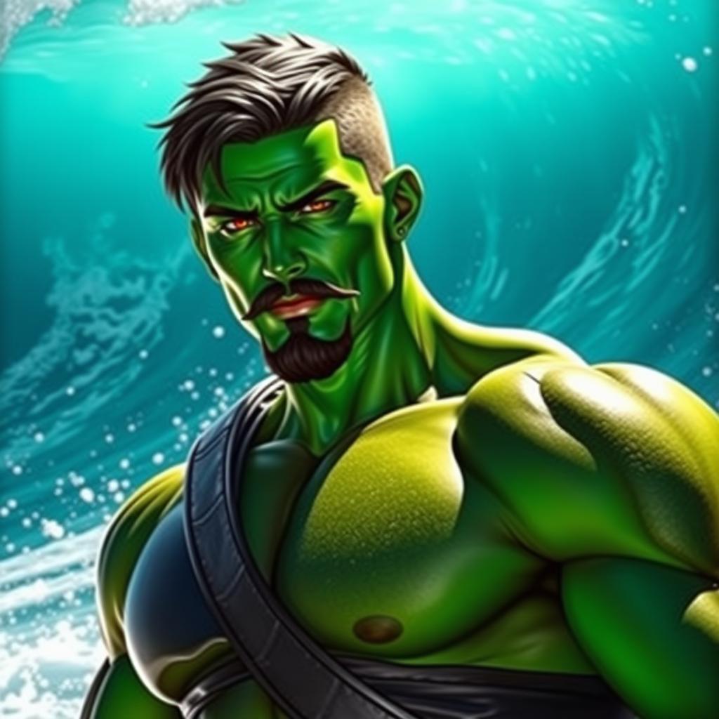 A handsome male Goliath fighter with short black hair and a goatee, featuring vibrant green skin