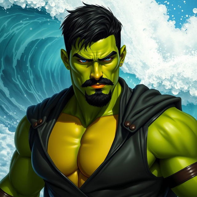 A handsome male Goliath fighter with short black hair and a goatee, featuring vibrant green skin