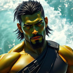 A handsome male Goliath fighter with short black hair and a goatee, featuring vibrant green skin