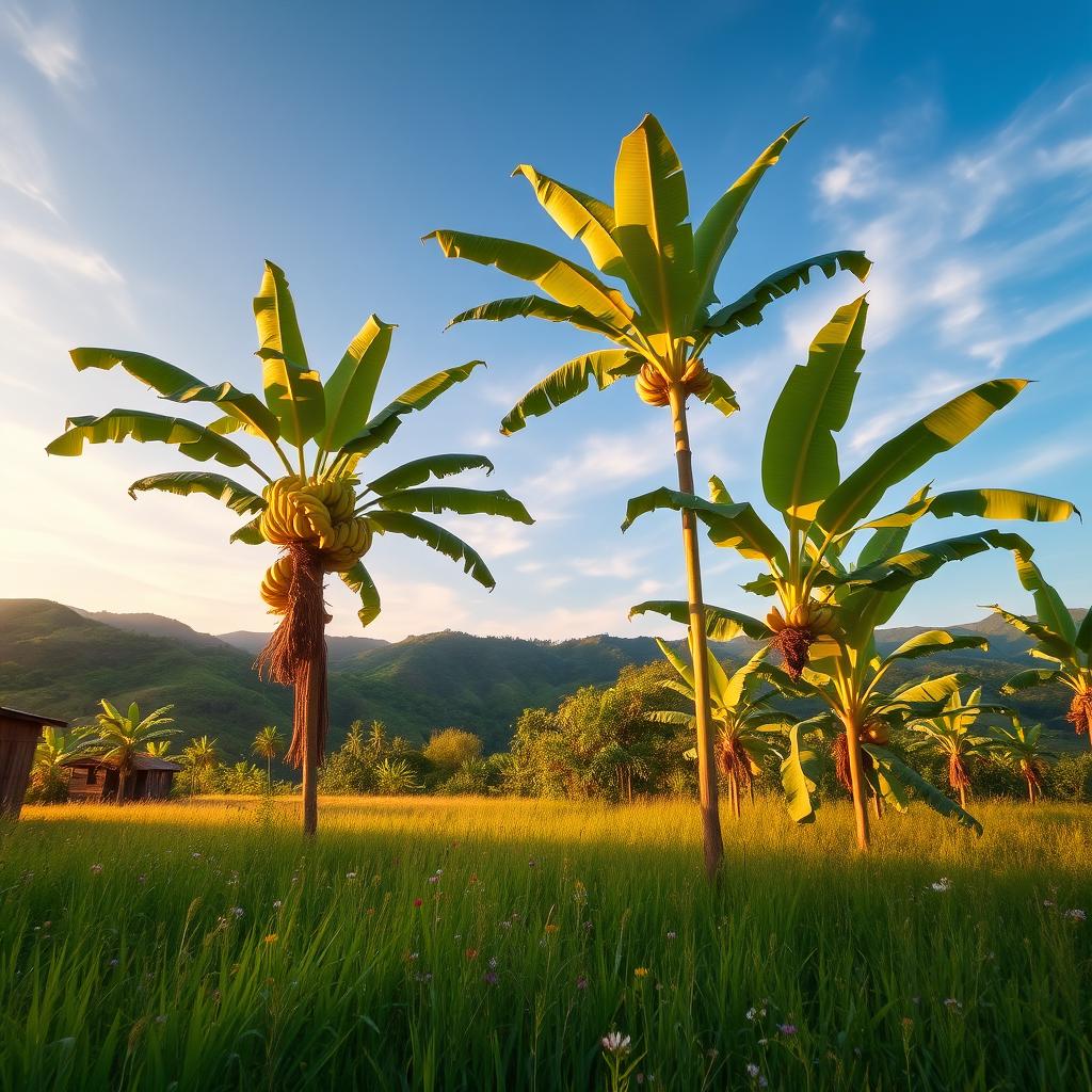 A serene and picturesque scene showcasing Asian banana trees (芭蕉树) in a vibrant rural field