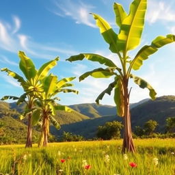 A serene and picturesque scene showcasing Asian banana trees (芭蕉树) in a vibrant rural field