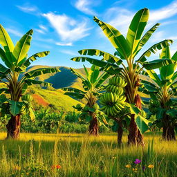 A serene and picturesque scene showcasing Asian banana trees (芭蕉树) in a vibrant rural field