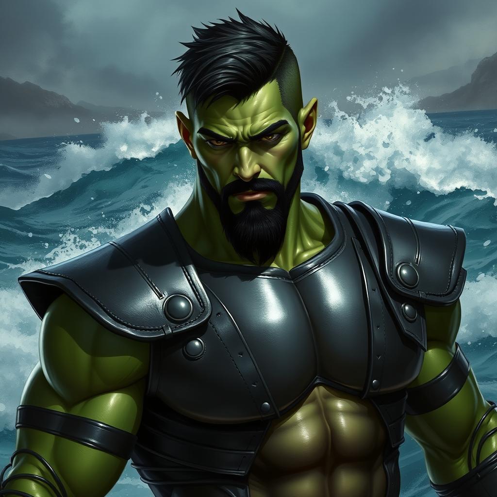 A handsome Goliath fighter with short black hair and a goatee, sporting striking green skin