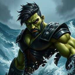 A handsome Goliath fighter with short black hair and a goatee, sporting striking green skin