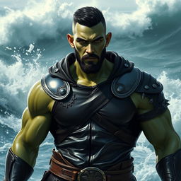 A handsome Goliath fighter with short black hair and a goatee, sporting striking green skin