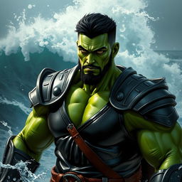A handsome Goliath fighter with short black hair and a goatee, sporting striking green skin