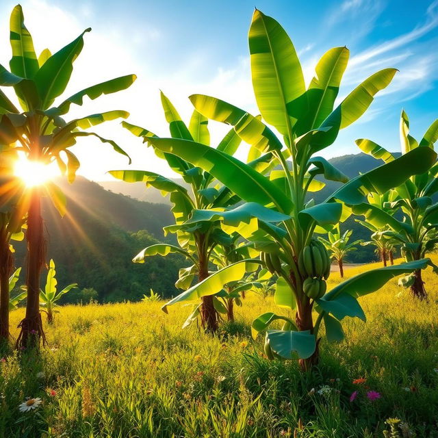 A serene and picturesque scene showcasing Asian banana trees (芭蕉树) in a vibrant rural field