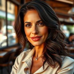 A captivating portrayal of a hot-looking brunette Mediterranean woman in her 40s