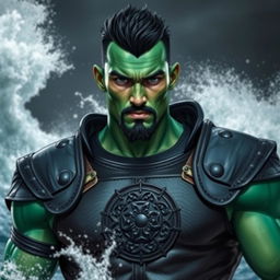 A handsome Goliath fighter with short black hair and a goatee, featuring striking green and teal skin
