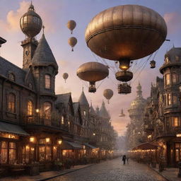 Generate a whimsical steampunk cityscape at sunset, with large dirigibles in the sky, intricate buildings, and cobblestone streets.