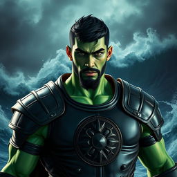 A handsome Goliath fighter with short black hair and a goatee, featuring striking green and teal skin
