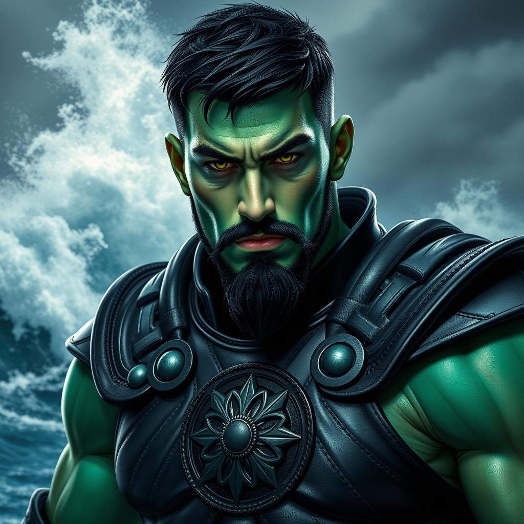 A handsome Goliath fighter with short black hair and a goatee, featuring striking green and teal skin