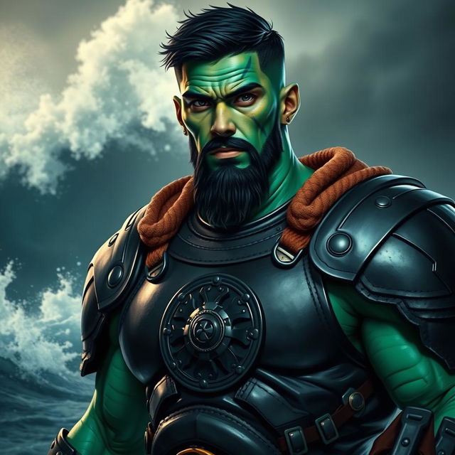 A handsome Goliath fighter with short black hair and a goatee, featuring striking green and teal skin