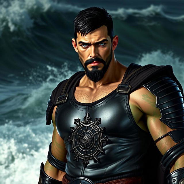 A handsome Goliath fighter with short black hair and a goatee, showcasing a unique green and teal skin tone