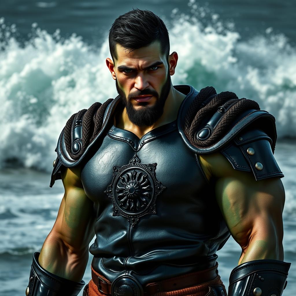 A handsome Goliath fighter with short black hair and a goatee, showcasing a unique green and teal skin tone