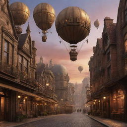 Generate a whimsical steampunk cityscape at sunset, with large dirigibles in the sky, intricate buildings, and cobblestone streets.