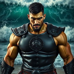 A handsome Goliath fighter with short black hair and a goatee, showcasing a unique green and teal skin tone
