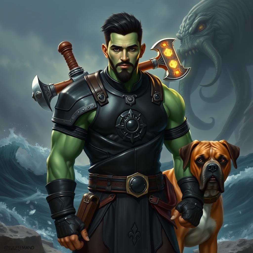 A handsome Goliath fighter with short black hair and a goatee, showcasing a unique green and teal skin tone