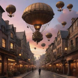 Generate a whimsical steampunk cityscape at sunset, with large dirigibles in the sky, intricate buildings, and cobblestone streets.