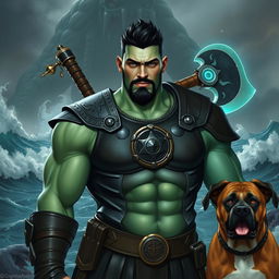 A handsome Goliath fighter with short black hair and a goatee, showcasing a unique green and teal skin tone