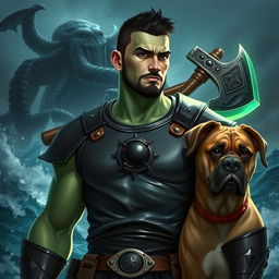 A handsome Goliath fighter with short black hair and a goatee, showcasing a unique green and teal skin tone