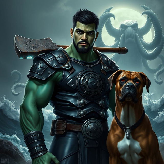 A handsome Goliath fighter with short black hair and a goatee, showcasing a unique green and teal skin tone