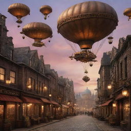 Generate a whimsical steampunk cityscape at sunset, with large dirigibles in the sky, intricate buildings, and cobblestone streets.