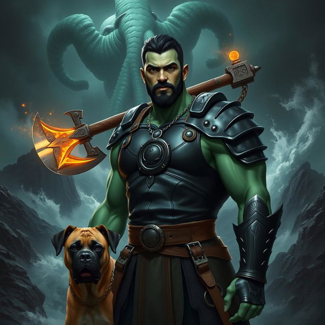 A handsome Goliath fighter with short black hair and a goatee, showcasing his unique green and teal skin tone