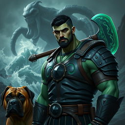 A handsome Goliath fighter with short black hair and a goatee, showcasing his unique green and teal skin tone