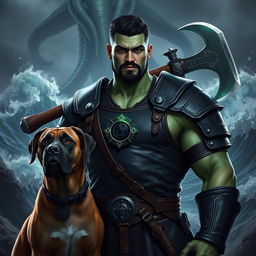 A handsome Goliath fighter with short black hair and a goatee, showcasing his unique green and teal skin tone